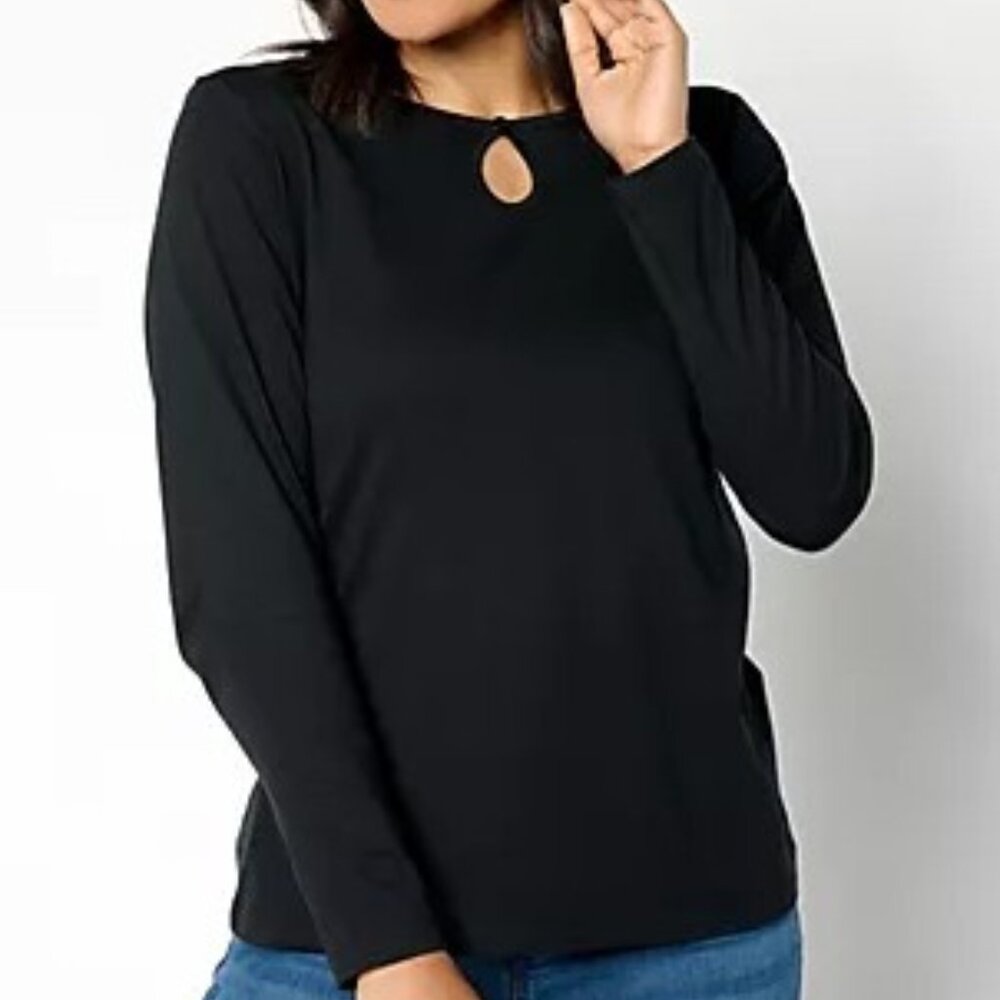 NWT Denim & Co. Essentials Luxe Jersey Long Sleeve Keyhole Top